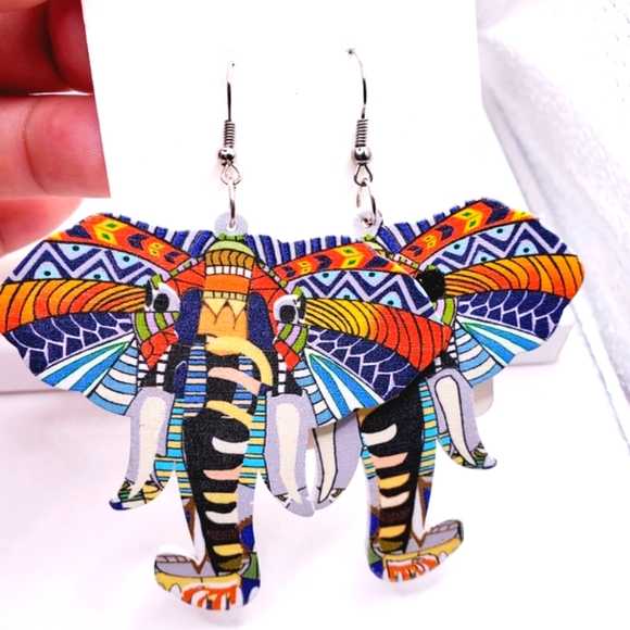 Elephant earrings, wooden elephant earrings, dangle earrings. 2.5 Inches - Picture 9 of 10